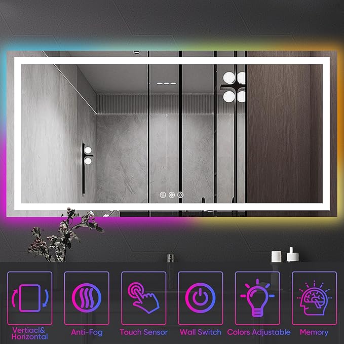Antok 36"x 72" LED Bathroom Mirror with Lights, Anti-Fog, Dimmable, Lighted Vanity Mirror with Tempered Glass, Memory Function, 11 Light Modes, Safe Use, Horizontal, Vertical, Wall Mount
