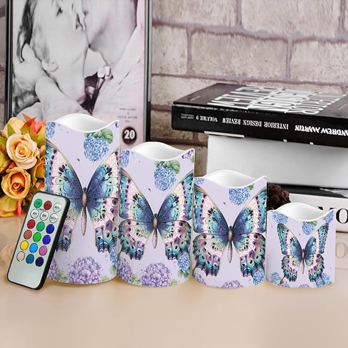 Butterfly Hydrangea Plastic Flameless Candles with Remote Control and Timer LED Flickering Battery Operated Color Changing Electric Pillar Candles Decoration