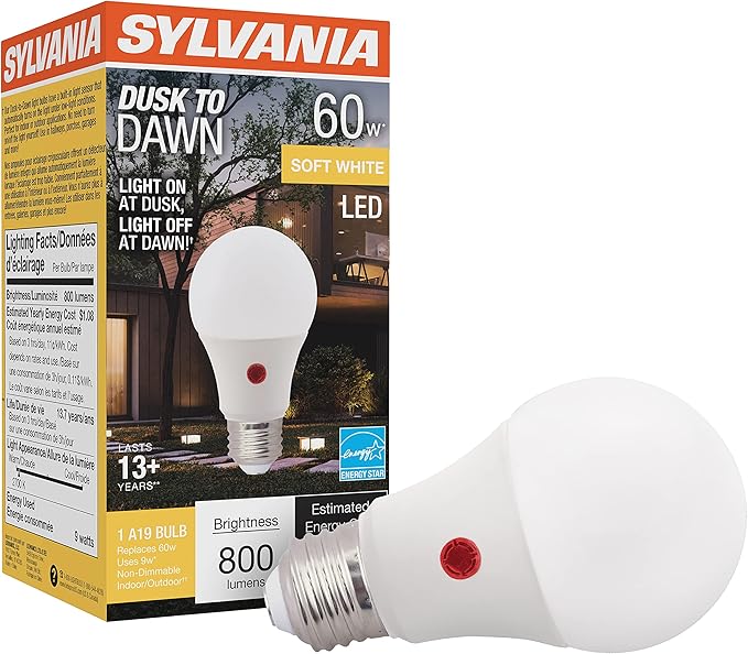 Sylvania Dusk to Dawn A19 LED Light Bulb with Auto On/Off Light Sensor, 60W=9W, 800 Lumens, 2700K, Soft White - 1 Pack (41288)