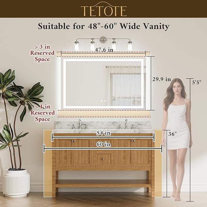 TETOTE LED Lighted Bathroom Mirror with Lights 48 x 30 Brighter Front and Backlit Light up Mirror for Bathroom Wall, Illuminated Vanity Anti Fog Mirror, 3-Color Stepless Dimmable, Tempered Glass