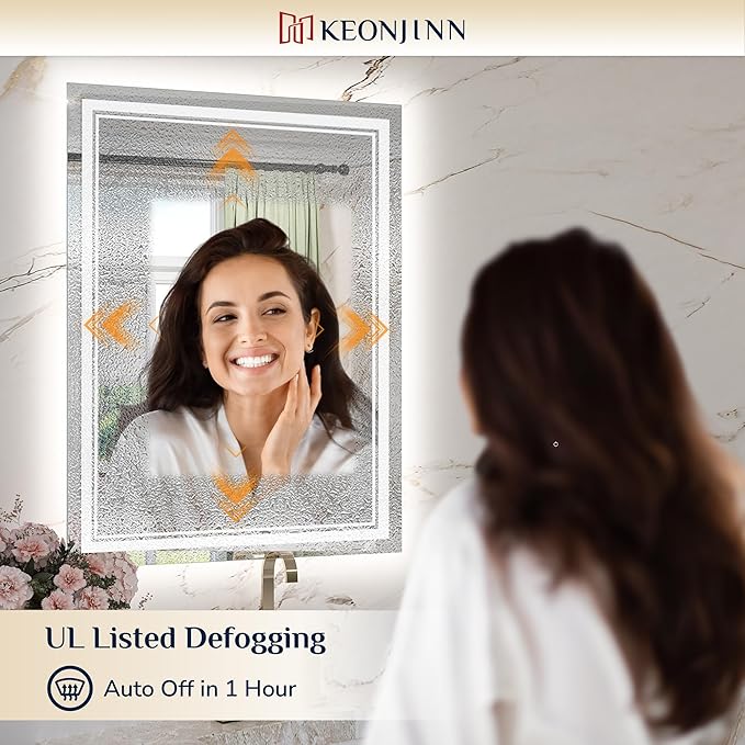 Keonjinn 30" x 32" Bathroom LED Mirror, Front & Back Lighted Mirror for Bathroom Wall, HD Tempered Glass, Safe Anit-Fog, 3000K/4500K/6500K, Dimmable, Frameless LED Wall Mirror with Lights