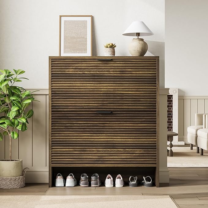 Garvee Shoe Storage Cabinet for Entryway, Fluted Shoe Cabinet with 2 Flip Drawers Doors, 32" Wide Hidden Shoe Rack Tall Freestanding Shoe Organizer for Entrance, Hallway, Living Room, Walnut