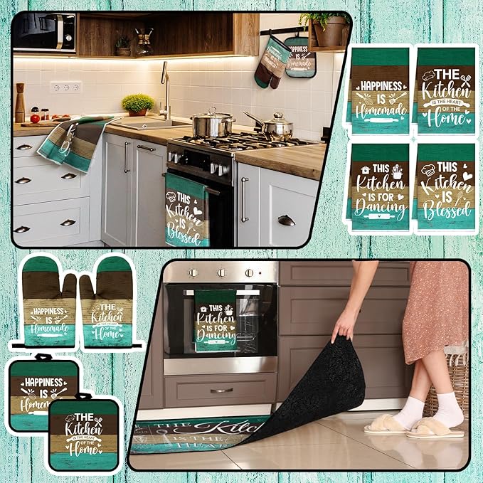 Fourluoo 10 Pcs Farmhouse Kitchen Decor and Accessories Set 4 Kitchen Towels 2 Pot Holders 2 Oven Mitts 2 Rugs for Cooking Baking Mom Housewarming Gifts(Green,Classic Style)