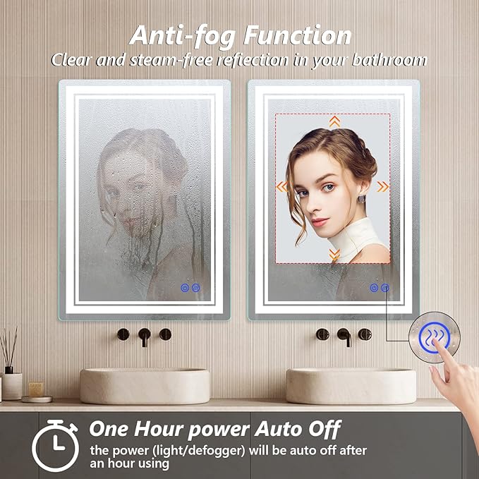 LED Lighted Mirror, 20x28 Inch Bathroom Vanity Mirror Wall Mounted with 3000K/4000K/6000K Adjustable, Anti-Fog, Smart Touch Button, Stepless Dimmable Makeup Mirror, Horizontal/Vertical