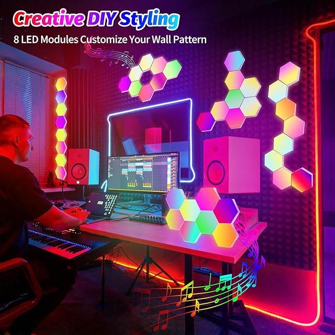 8 Pack DIY Hexagon LED Lights, Music Sync RGB Gaming Lights with APP Smart Wall Lights for Bedroom Living Room Decor