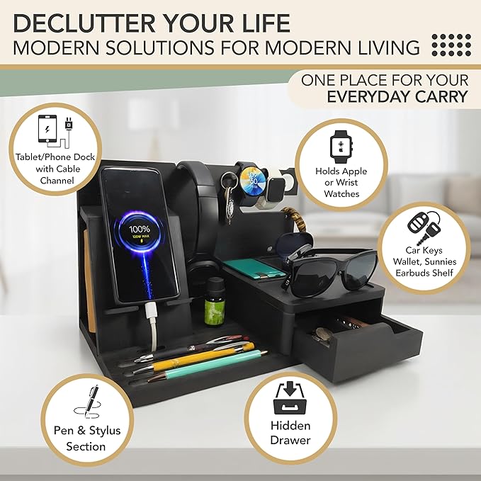 Nightstand Organizer- Bedside Docking Station for Men- Unique Gifts for Husband, Father or Dad from Wife, Son or Daughter- Desk Organizer for Phone, Watches, Wallet & Accessories (Black)