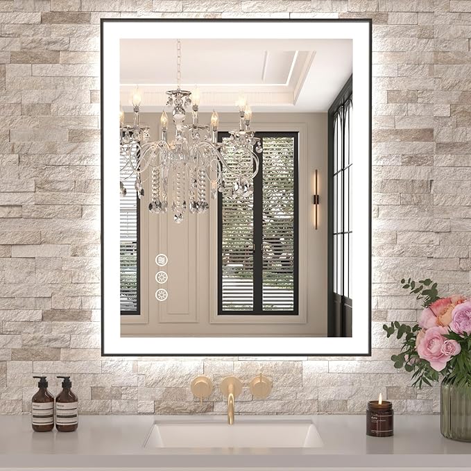 Amorho LED Bathroom Mirror, 24"x 30" Mirror with Black Frame, Front Light and Backlit(Controlled Separately), Stepless Dimmable, Anti-Fog, Shatter-Proof, 3 Colors, Memory