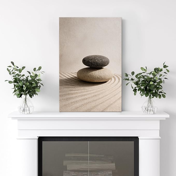 wall26 Canvas Print Wall Art Balanced Zen Stones on Raked Sand Minimal Neutral Photography Realism Rustic Colorful Multicolor for Living Room, Bedroom, Bathroom - 24"x36"