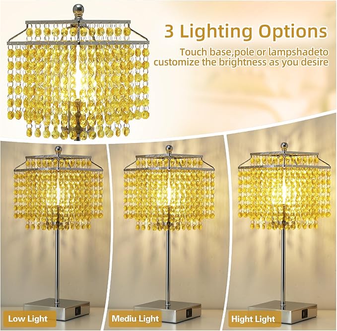 Luvkczc Crystal Table Lamp with Touch Control, Bedside Crystal Table Lamp with USB C+A Ports, Dimmable Lamp for Girls Bedroom, Living Room, Light Yellow & B11 LED Bulb Included