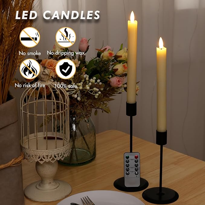 Flameless Taper Candles with Rmote, 9.6" Real Wax Battery Operated Candles with 3D Wick, 3 Pack Led Flickering Candlesticks, Electric Candle for Home, Wedding, Party Decor, Ivory
