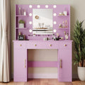 Makeup Vanity Desk with Mirror and Lights, 43" Purple Vanity Set with 3 Drawers, Power Outlet & Adjustable RGB LED Lights, Dressing Table with Storage Shelf for Women & Girls Bedroom