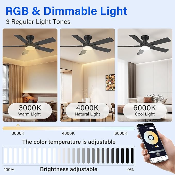 42 Inch Ceiling Fans with lights,RGB Low Profile Ceiling Fan with Light and Remote Control,APP,Black Flush Mount Ceiling Fans for Small Bedroom,Patio,Porch,Outdoor Indoor Use,5 Blades,Dimmable,Quiet