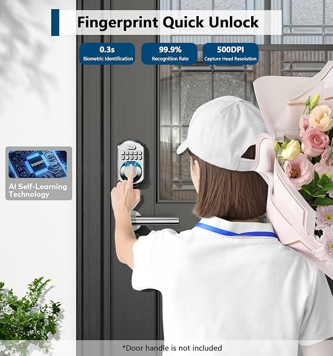 TEEHO TE002 Fingerprint Door Lock - Keyless Entry Electronic Keypad Deadbolt with 2 Backup Keys - Auto Lock - Easy Installation - Smart Locks for Front Door - Satin Nickel