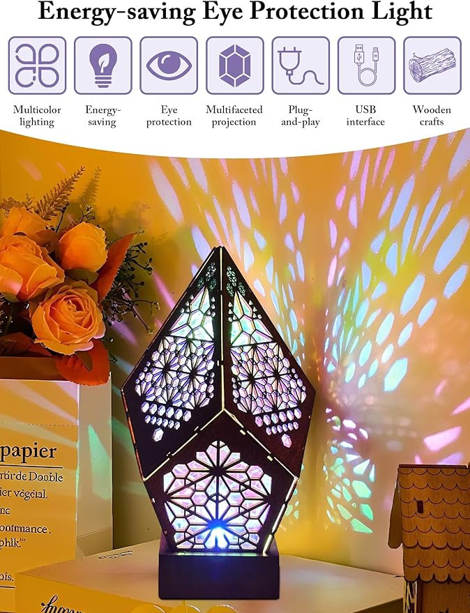 Starlight Projector Lamp,Boho Ambient Lighting Ceiling Projector Night Light, Wooden Colorful LED Lights for Bedroom Vintage Room Decor Aesthetic Unique Gifts for Christmas Halloween Birthdays