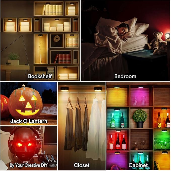 LED Puck Lights with Remote Control, Battery Operated Wireless Closet Light, Under Cabinet Lighting Stick on Tap Push Lights, Color Changing Under Counter Light for Kitchen, 6 Pack - Black