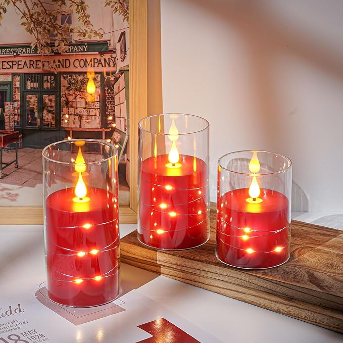Da by Flickering Flameless Candles with Remote,Acrylic LED Candles with Embedded Star String,Battery Operated Candle, for Home and Holiday Decoration Set of 3（Red）