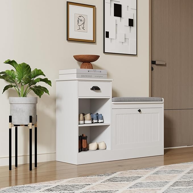 Shoe Storage Bench, Modern Wooden Shoe Cabinet with Flip Drawer and Adjustable Shelf, Entry Way Bench with Padded Seat Cushion for Entryway, Hallway, Living Room,Off-White