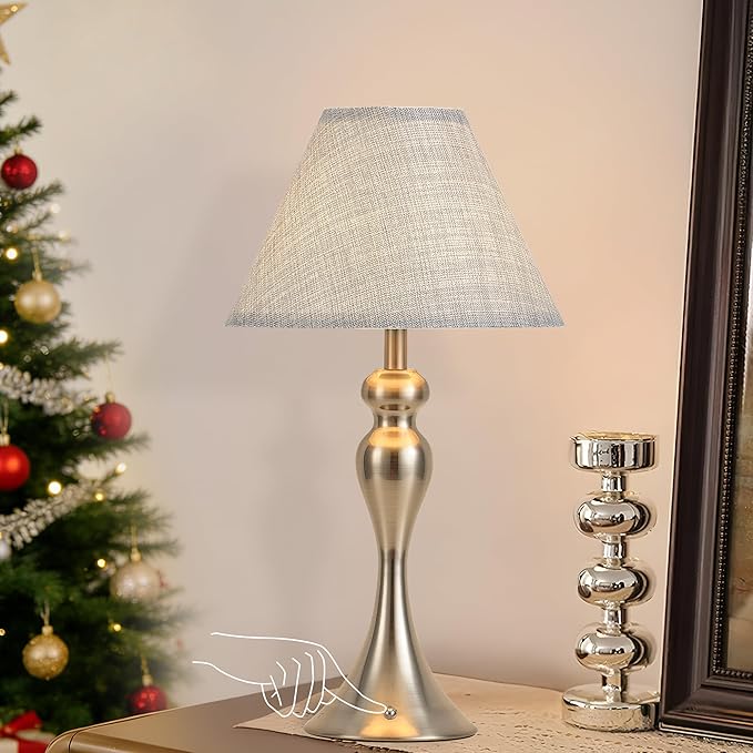Rechargeable Cordless Table Lamps, Battery Operated Lamp with Fabric Shade for Decor, 3 Color Stepless Dimming LED Table Light, Nightstand Lamp for Nursery, Bedroom, Living Room, Home Office (Nickel)