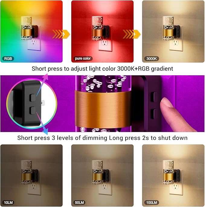 JandCase Night Lights Plug into Wall,2 Pack Color Changing Night Light for Kids, 3000K+RGB 10-Color LED Nightlight with Dusk to Dawn Sensor, 10/50/100LM Adjustable Brightness for Rooms Home Decor