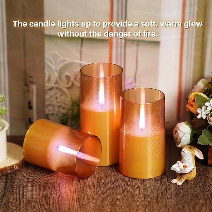 Flameless Candles Upgraded Realistic Flickering Flame,Battery Operated LED Candles with Remote Timers,Acrylic Electric Candles Set of 3(D 3" xH 4" 5" 6")（Gold）
