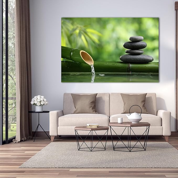 GUTTATY Zen Wall Art Decor, Modern Bathroom Zen Decor Wall Art, Large Canvas Wall Art for SPA Zen Room Decor, Green Bamboo and Pebble Relaxing Zen Art Prints for Office & SPA Wall Decor 32x48 Inches