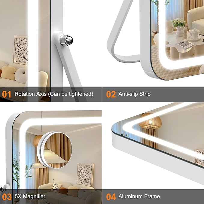 Hasipu Vanity Mirror with Lights, 18" x 14" LED Makeup Mirror, 3 Modes Light, Smart Touch Control Dimmable, 360°Rotation, Rectangle White Frame, with 5X Magnifying Glass