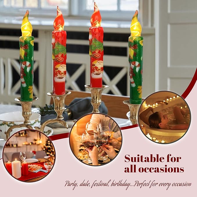 Christmas Flameless Short Taper Candles, Red Green LED Battery Operated with Remote, Flickering Flame Lights for Home Décor, 6.7 Inch Primitive Flameless Print Candles, 4PCS