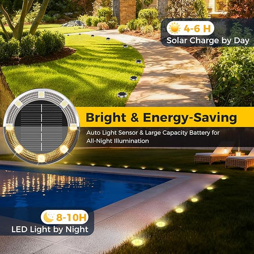 10 Pack Solar Ground Lights Outdoor, 8 LED Mini Flat Solar Disk Lights, IP65 Waterproof Anti-Rust Disc Light, Landscape Lighting for Garden Pathway Yard Walkway Driveway Lawn,Warm White