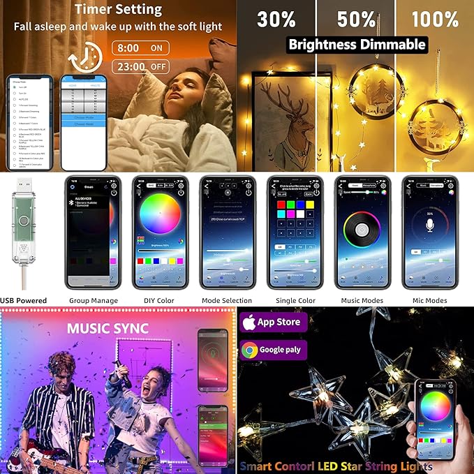 Bed Canopy with LED Star Lights, White Canopy Bed Curtain with RGB Color Changing String Lights with Smart App Control Remote for Princess Girls Bedroom, Suggested for Twin Full Queen King Bed