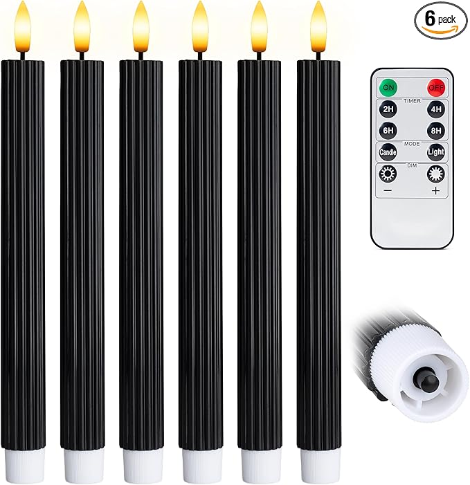 WYZworks 10" Fluted Ribbed LED Black Grooved Pillar Candles, Remote & 24h Timer Memory, On/Off Switch - Flameless Dimmable Battery Operated w/Flicker Mode, Home Wedding Decor (6 Pack)
