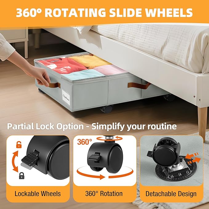 2 Pack Under Bed Storage with Wheels – 30.5×17×6.5 Inch, Underbed Storage with Sturdy Sidewalls/Bottom, Clear Cover, Label and PU Handle, Rolling Under Bed Drawers for Clothes, Shoes, Toys, Blankets