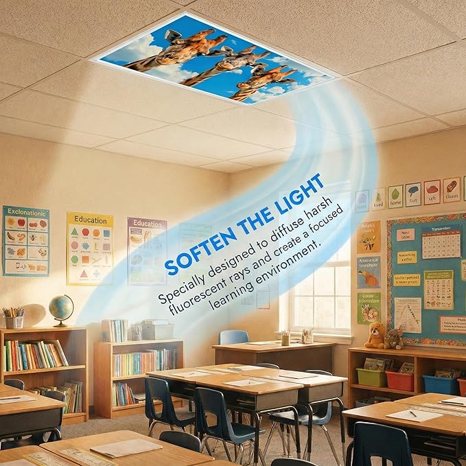 4 Pack Fluorescent Light Covers for Ceiling Lights -Magnetic Cloud Cover for Fluorescent Or LED Fixture 2ft x 4ft Classroom,Home,Office Decoration Filters Overhead Lighting-Three giraffes