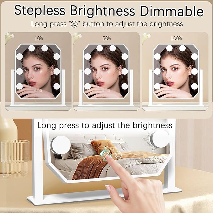Hollywood Vanity Mirror with Lights, 3 Color Modes LED Bulbs, 5X Detachable Magnifying Mirror, Smart Touch Control, Tabletop Makeup Mirror for Bedroom & Dressing Room, for Her (White)