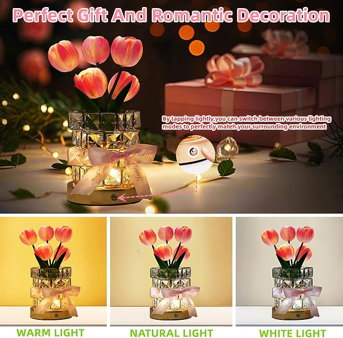 Tulips Flower Lamp,Mothers Day Gifts ,Rechargeable Cordless Touch Night Light for Bedroom Flowers Decor,3-Colors Dimming Crystal Bedside Table Lamps,Birthday Mother’s Day Gifts for Women,Mom,Wife