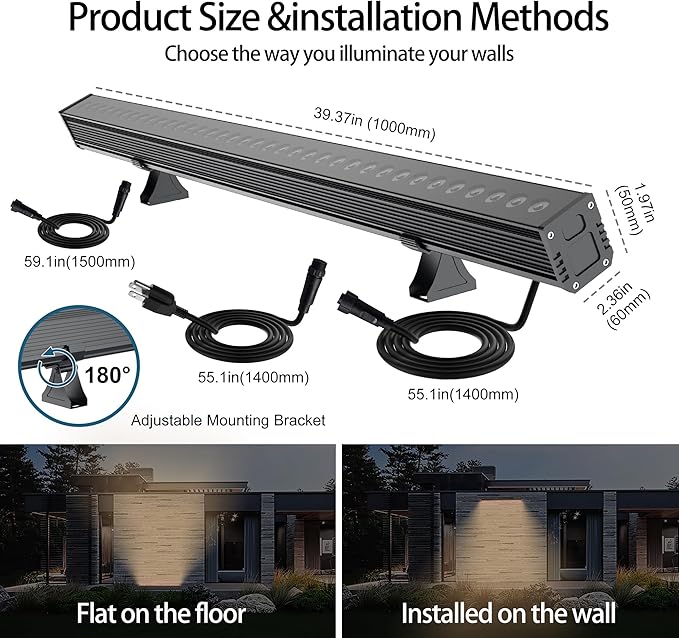 Linkable LED Wall Washer Light Dimmable 1-100% Via APP Control, 72W 2700-6500k 6CCT Linear Flood Light Bar with RF Remote, 120V Waterproof Landscaping Spotlights Outdoor