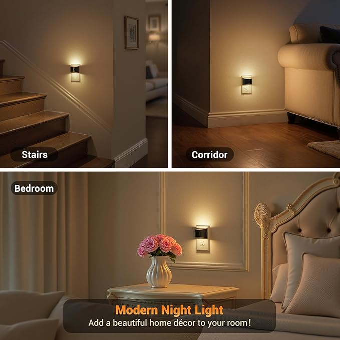 JandCase Motion Sensor Night Light, Night Lights Plug into Wall, Dusk to Dawn Sensor Nightlight with Motion Activated, 30/60/100lm Brightness Dimmable, 3000K Warm White[4 Pack]