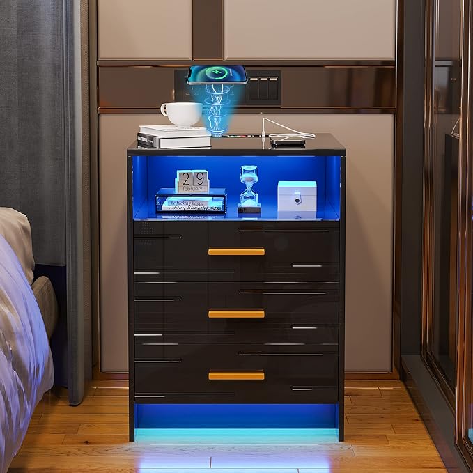 HNEBC Black Nightstand with Wireless Charging Station and Lights, 3 Drawers, Modern Bedside Table with Human Sensor for Bedroom