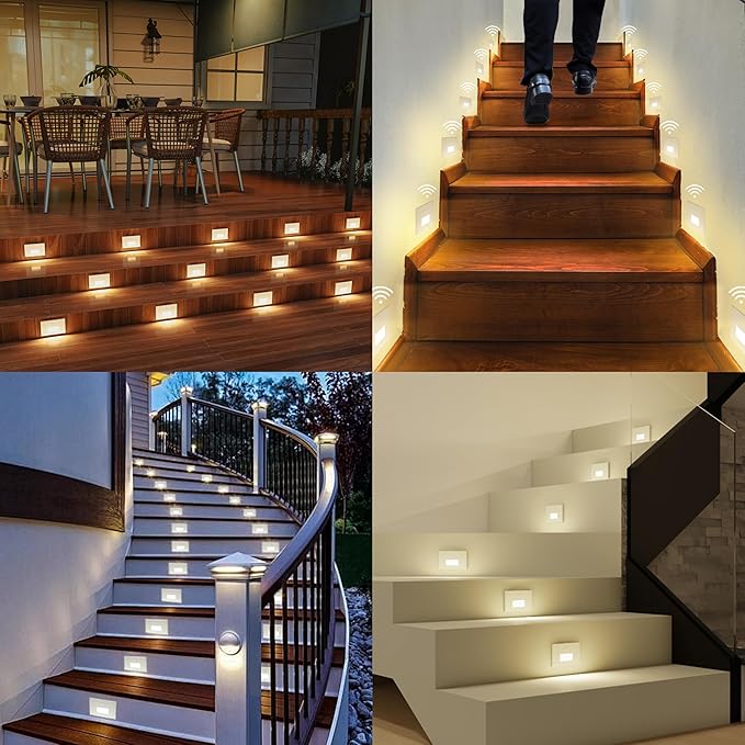 12 Pack Motion Sensor LED Step Lights, 3CCT Adjustable 3000K/4000K/6000K Stair Lights, 4W 300LM Dimmable Staircase Lighting, IP65 Waterproof for Indoor Outdoor, 120V Hardwired, ETL, White