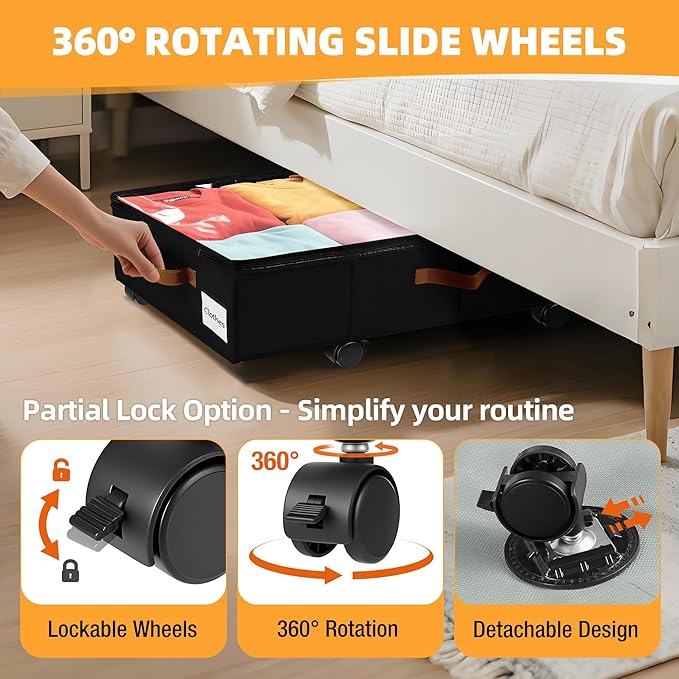 2 Pack Under Bed Storage with Wheels – 30.5×17×6.5 Inch, Underbed Storage with Sturdy Sidewalls/Bottom, Clear Cover, Label and PU Handle, Rolling Under Bed Drawers for Clothes, Shoes, Toys, Blankets