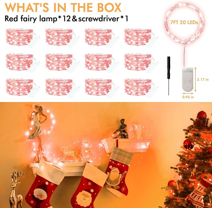 Bexdir 12 Pack Fairy Lights Battery Operated String Lights，7FT 20LED Waterproof Silver Wire Christmas Lights Outdoor,Firefly Mini Lights for Bedroom Party Birthday Wedding Home Decor