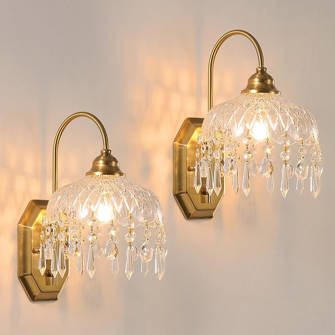 2-Pack Vintage Wall Sconce,Glass Crystal Wall Sconce, Antique Brass Finish Set of Two for Bedroom Bathroom Hallway Living Room Decor