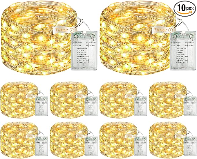 10 Pack 16FT 50 LED Fairy Lights Battery Operated with Timer, 8 Modes USB Mini Twinkle Light, Small String Lights for Christmas Tree Wreath Vase Bedroom DIY Party Decorations-Warm White