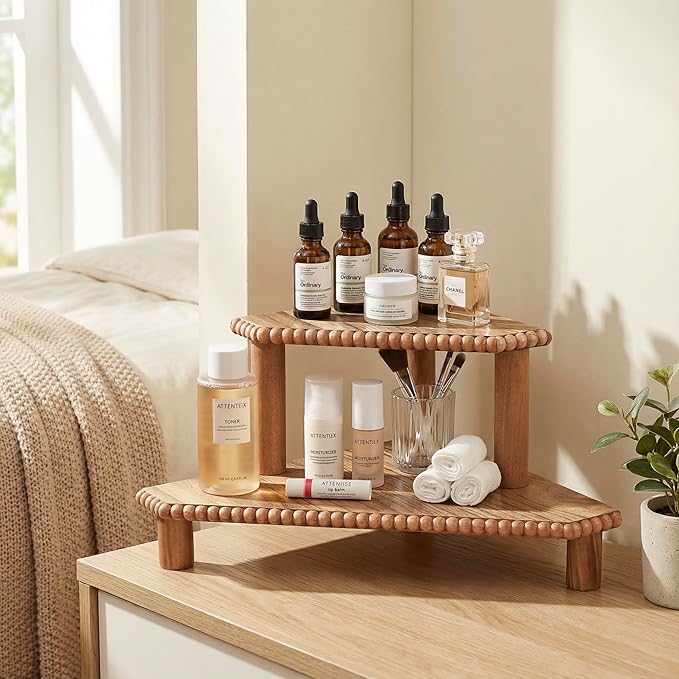 2-Tier Rustic Corner Shelf for Kitchen Counter,Wood Beaded Farmhouse Countertop Organizer with Removable Feet, Stackable Bathroom Vanity & Coffee Bar Decorative Riser Stand(Rustic Brown)