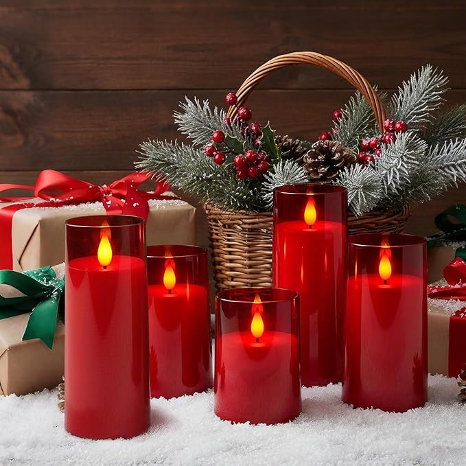 Raycare Flameless Candles Battery Operated with Remote Timer, Acrylic Flickering LED Pillar Candle for Valentine's Day Decoration, Home Decor, Gift for Family and Friend, Red, Set of 5