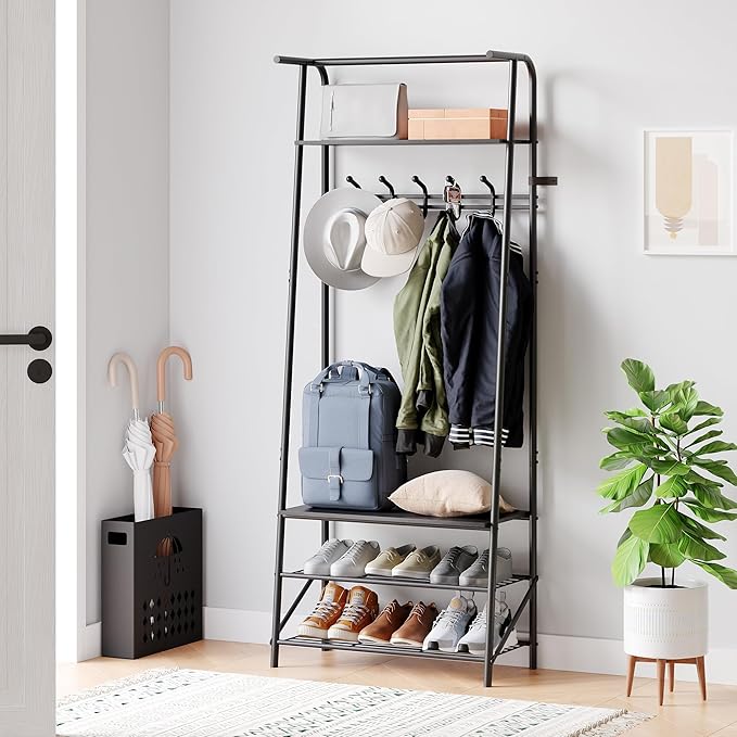 4-In-1 Hall Tree Entryway Organizer with 5 Hooks and Shoe Storage Bench, Sturdy Metal Frame, Metal Look Accent for Coat, Hat, and Bag Organization in Entryway, Living Room, or Bedroom