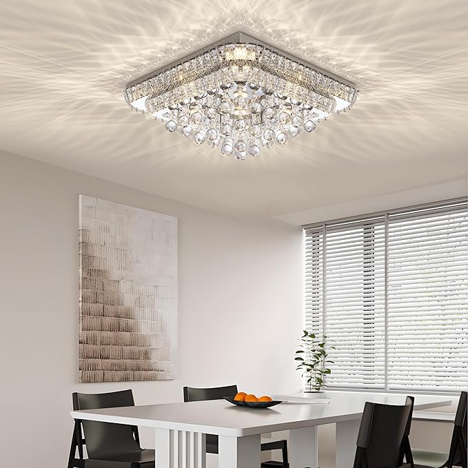 REDSTAR 24" Crystal Ceiling-Light Flush Mount with Remote and APP, 3 Colors Temp & Brightness Adjustable, Modern Crystal Raindrop Chandeliers for Bedroom Hallway Dinning and Living Rooms-Square