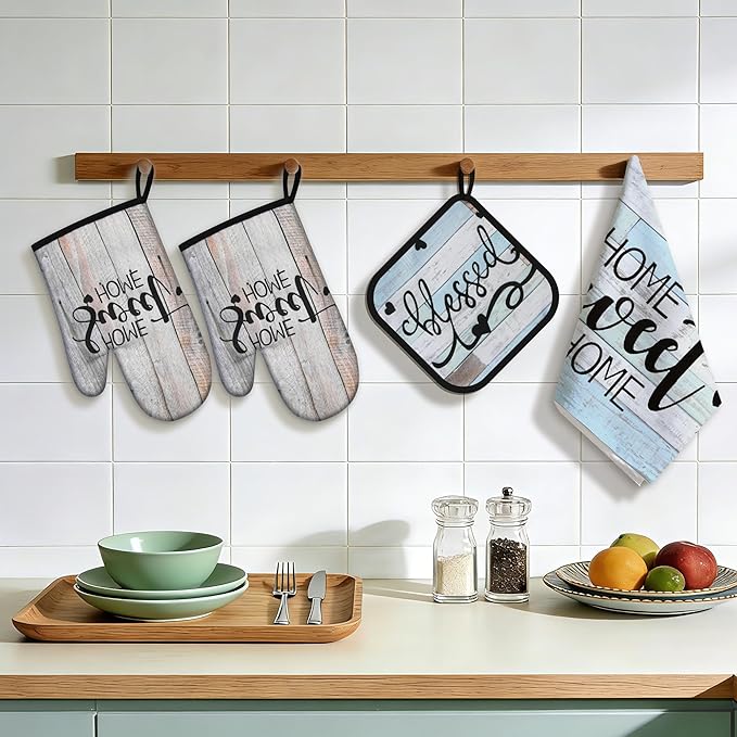 8 Pcs Kitchen Decor Accessories Set Farmhouse Towels Pot Holders Oven Mitts Set 4 Dish Towels 2 Potholders 2 Cooking Mittens Oven Glove for Christmas Baking Cooking Supply(Brown Green,Kitchen)