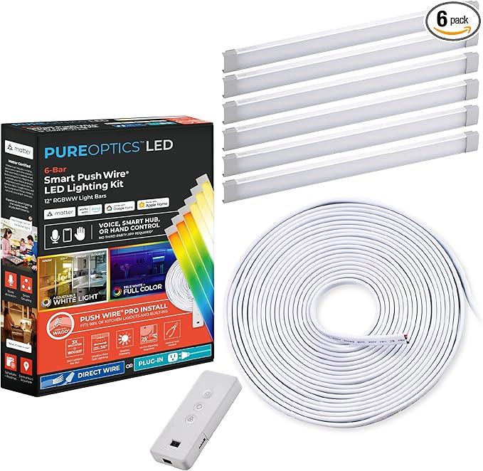 Black+Decker Professional Push Wire® Matter Certified Smart Under Cabinet Lighting Kit, Adjustable White and RGB LEDs, Works with Alexa, Apple Home, Google Home, (6) 12" Bars