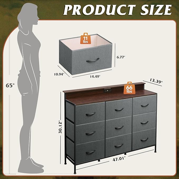 WLIVE Grey Dresser TV Stand for 45, 50, 55 inch TV, Entertainment Center with LED Lights & Charging Station, Chest of drawers with 9 Fabric Drawers and Open Shelves for Living Room, Hallway, Dark Grey