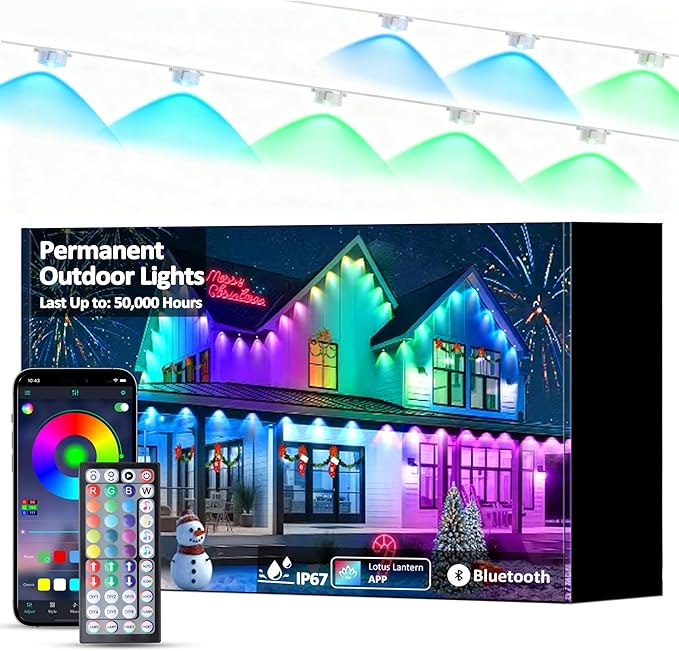 50FT Permanent Outdoor String Lights, RGB Multicolor LED Eaves Lights with APP & Remote, IP67 Waterproof Indoor Outdoor Christmas Halloween Party Garden Decor